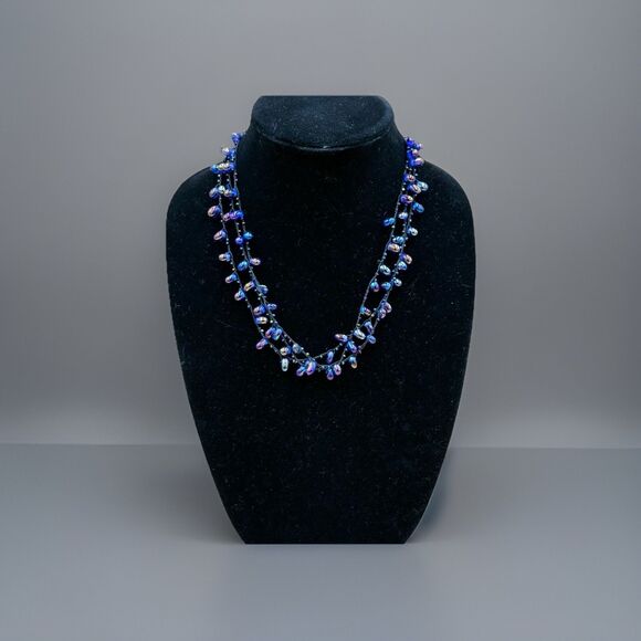 Boho Beaded Necklace Iridescent Purple Blue Glass Beads Layered Vintage Jewelry - Picture 2 of 7